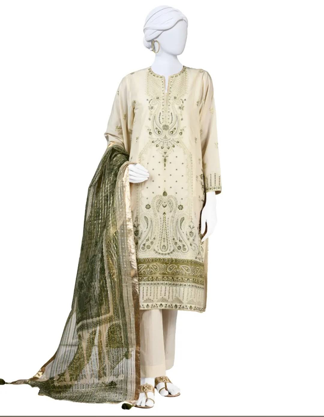BEIGE LAWN STITCHED 3PC
