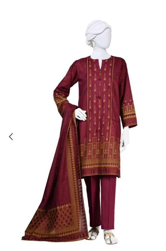 MAROON LAWN STITCHED 3PC