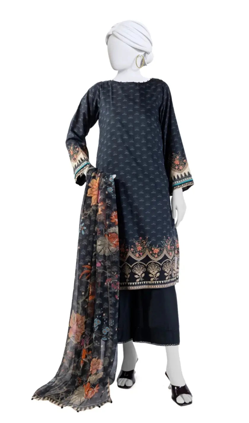 BLACK LAWN 3PC STITCHED